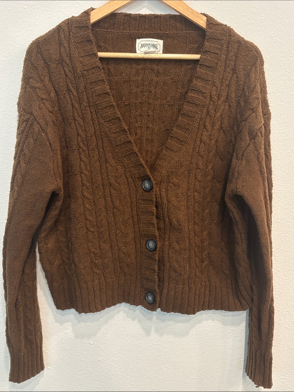 American Eagle Outfitters Women Brown Cable-Knit Button Cardigan Size L